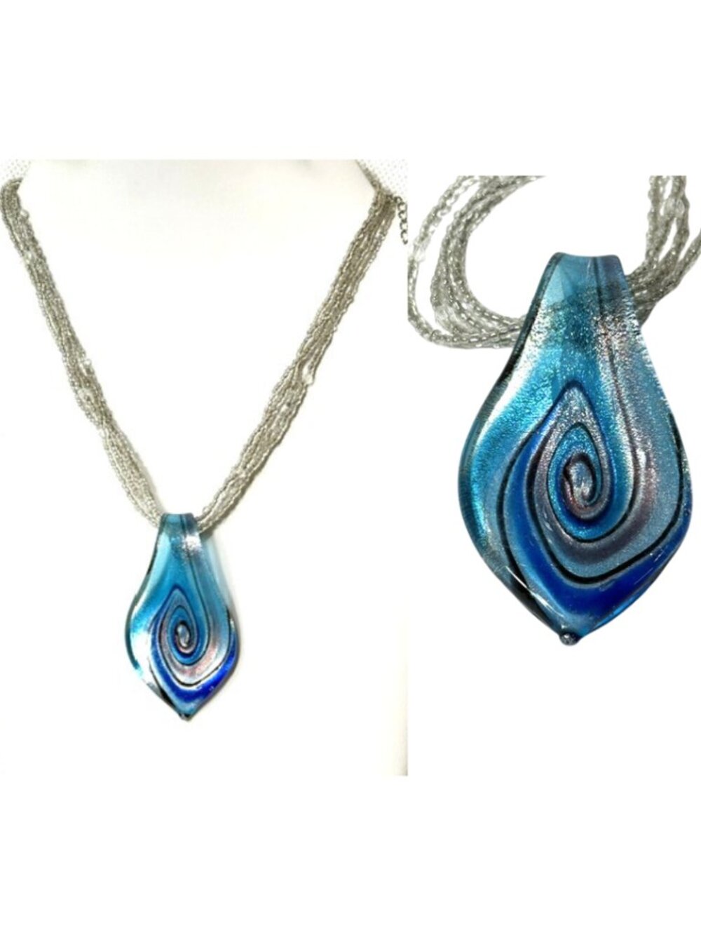 Blue swirled lampwork leaf-shaped glass pendant necklace.